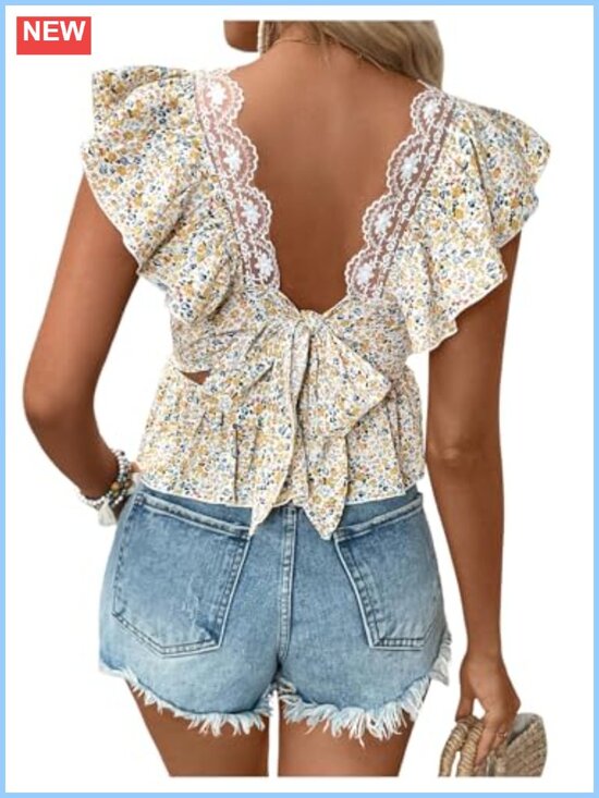 Tops - Floral Boho Blouse Bow Tie Back Ruffle Sleeve Lace Cute Top
